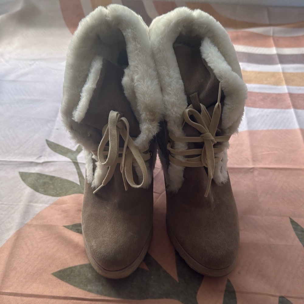 Prada Tan Suede Fur Lace Up Heeled Booties - Picture 9 of 12
